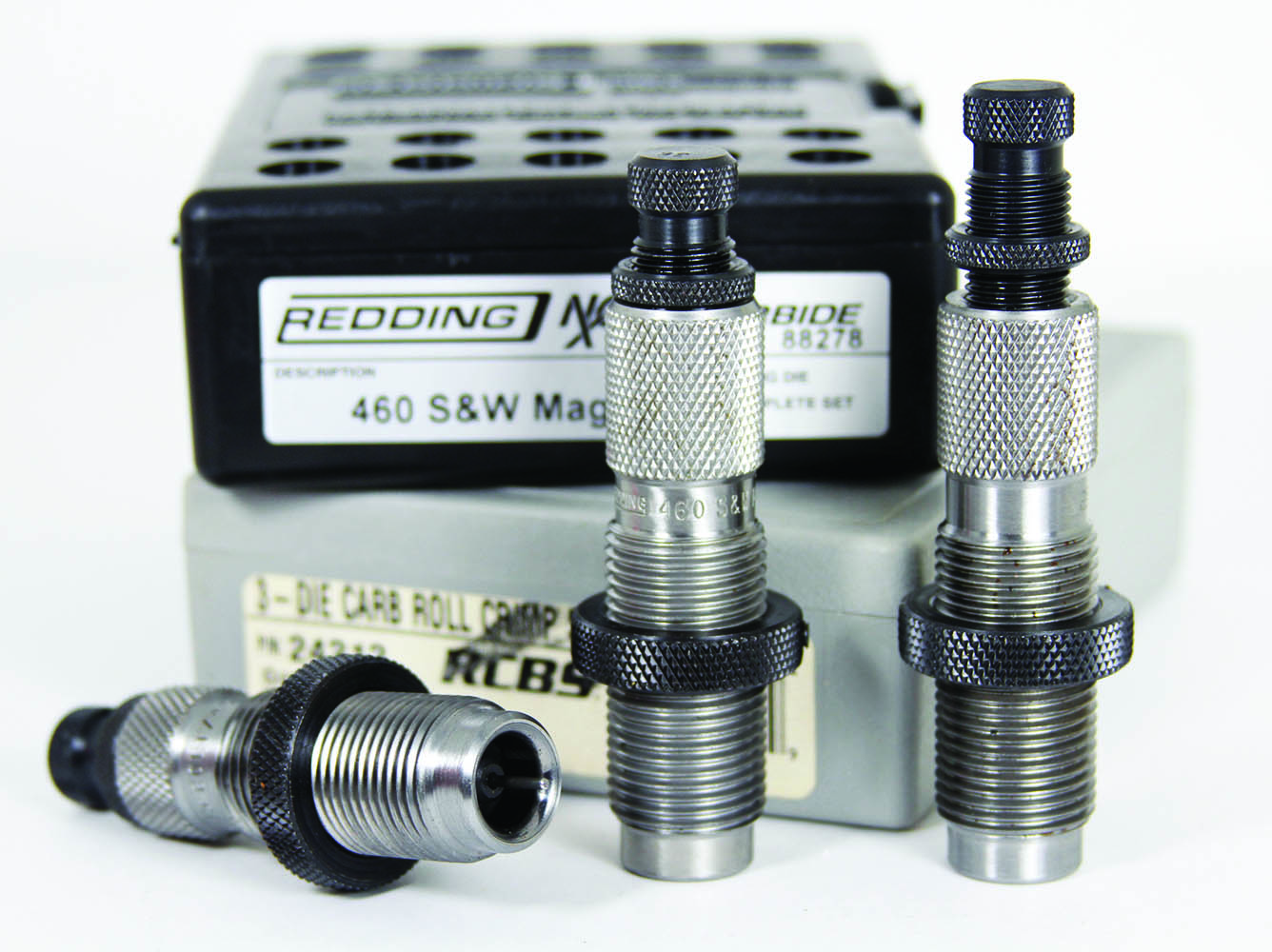 Most large diemakers offer three- and/or four-die sets in 460 S&W Magnum. Some, such as the Redding NxGen Carbide set pictured, are  assembled with a 45 Colt/454 Casull sizer die.